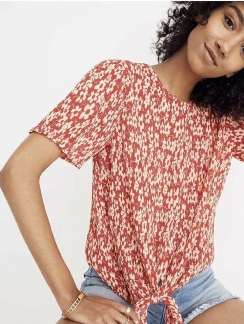 Madewell Crinkled Red Floral Tie-Front Blouse Button Back Daisy Gauze Small